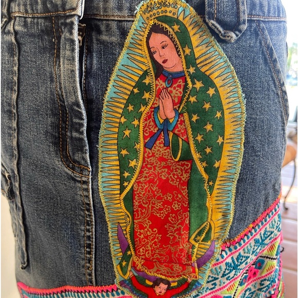 LOUIE OOAK Western Denim Skirt Vtg Rare Mexican Hand Embroidered Embellishment 2 - Picture 10 of 13
